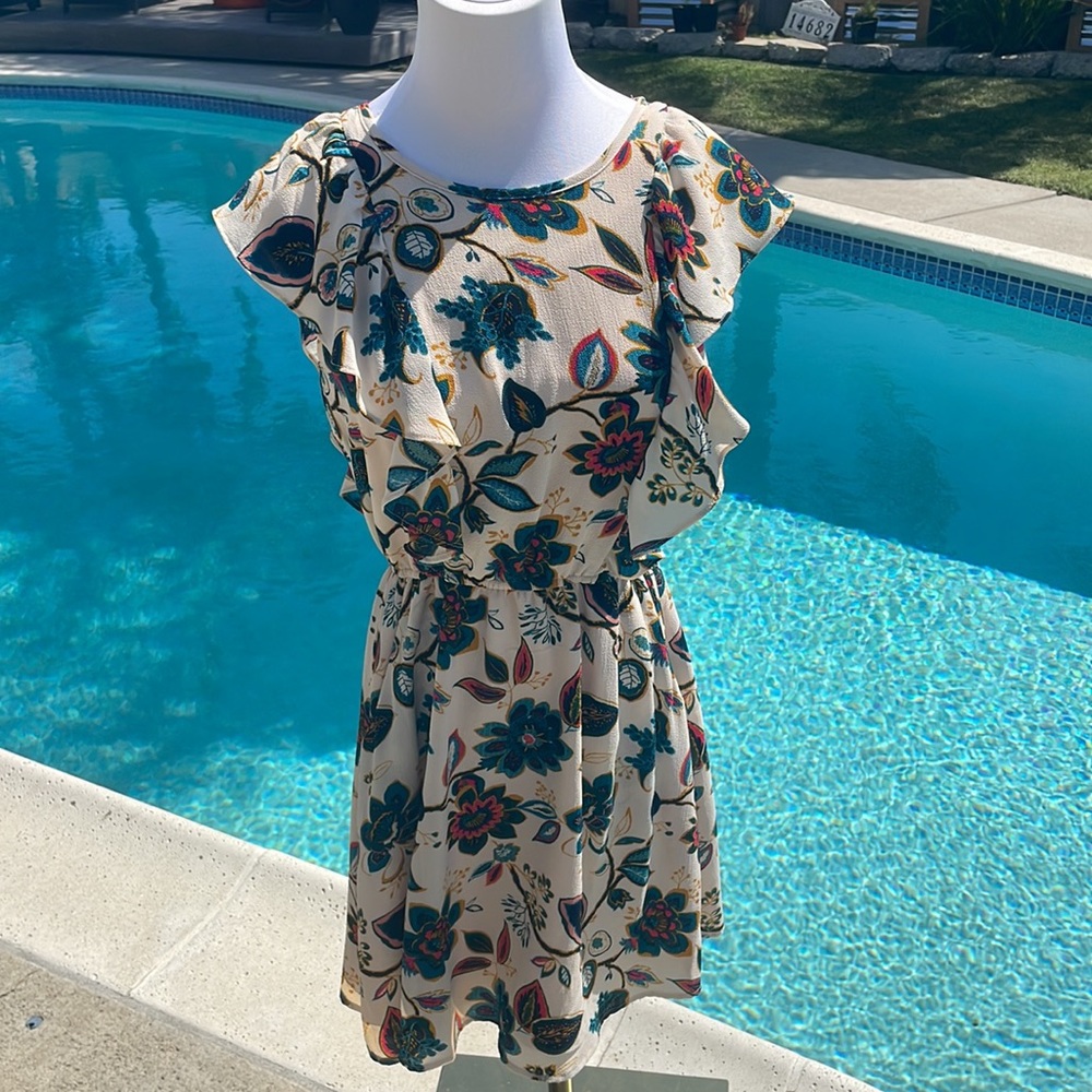 a New Day, Beige and bright floral blouson dress | Size XS